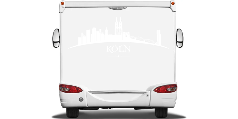 Aufkleber Fahrzeug Kölner Skyline auf Heck von Wohnmobil oder Wohnwagen - Ansicht Farbauswahl Aufkleber Fahrzeug Kölner Skyline auf Heck von Wohnmobil oder Wohnwagen - Ansicht Farbauswahl