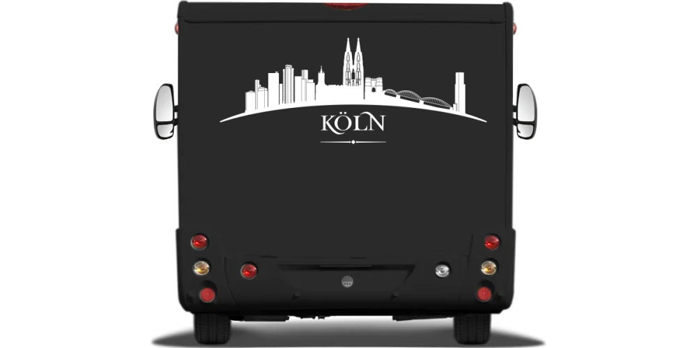 Aufkleber Fahrzeug Kölner Skyline auf Heck von Wohnmobil oder Wohnwagen - Ansicht Farbauswahl Aufkleber Fahrzeug Kölner Skyline auf Heck von Wohnmobil oder Wohnwagen - Ansicht Farbauswahl