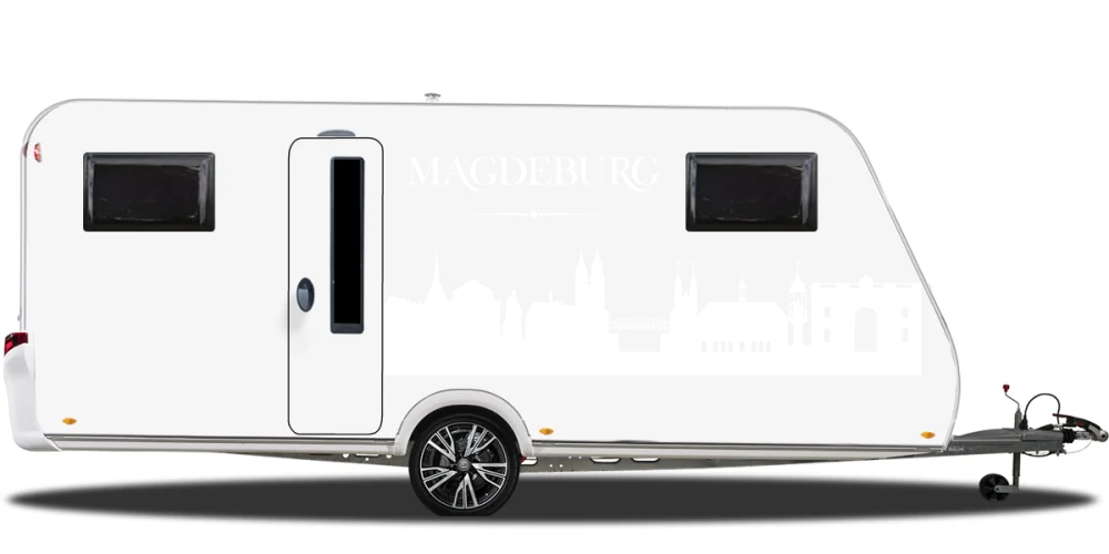 Magdeburger Skyline als Aufkleber für das Auto auf hellem Wohnwagen - Ansicht Farbauswahl