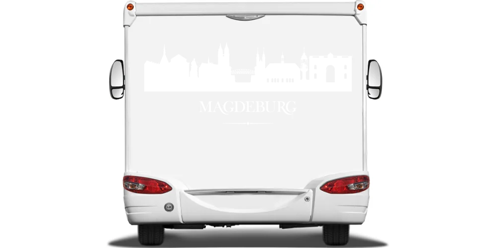 Magdeburger Skyline als Aufkleber für das Auto auf Heck von Wohnmobil oder Wohnwagen - Ansicht Farbauswahl