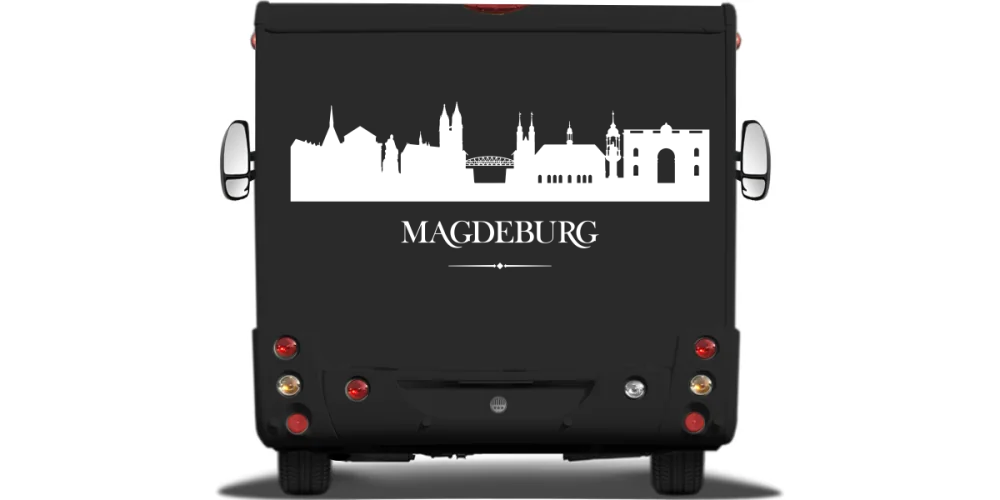 Magdeburger Skyline als Aufkleber für das Auto auf Heck von Wohnmobil oder Wohnwagen - Ansicht Farbauswahl