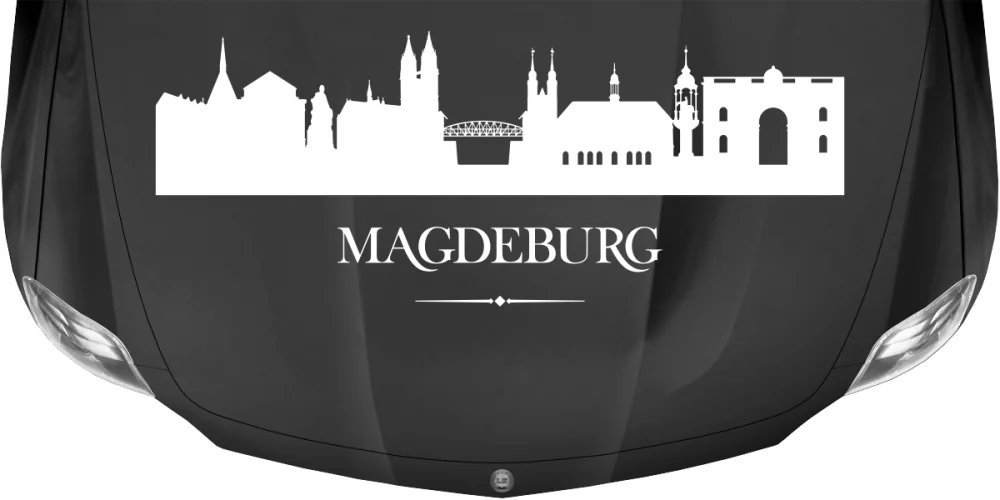 Magdeburger Skyline als Aufkleber für das Auto auf dunkler Motorhaube - Ansicht Farbauswahl