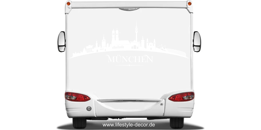 Autoaufkleber Skyline München auf Heck von Wohnmobil oder Wohnwagen - Ansicht Farbauswahl
