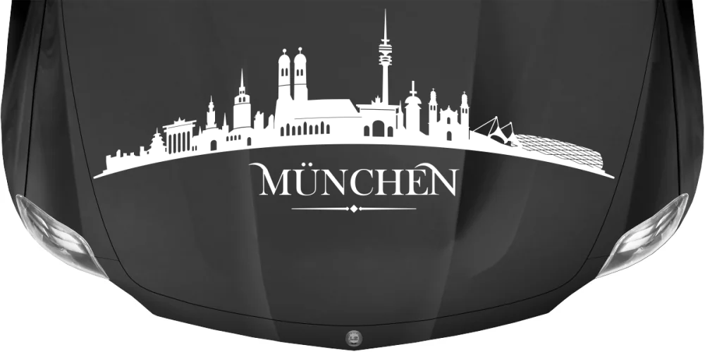 Autoaufkleber Skyline München auf dunkler Motorhaube - Ansicht Farbauswahl