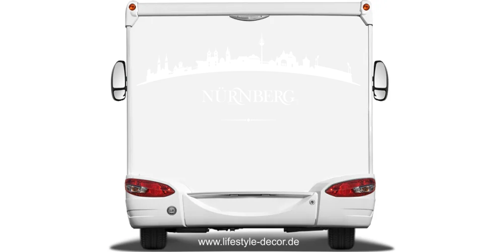 Autoaufkleber mit der Skyline von Nürnberg auf Heck von Wohnmobil oder Wohnwagen - Ansicht Farbauswahl Autoaufkleber mit der Skyline von Nürnberg auf Heck von Wohnmobil oder Wohnwagen - Ansicht Farbauswahl
