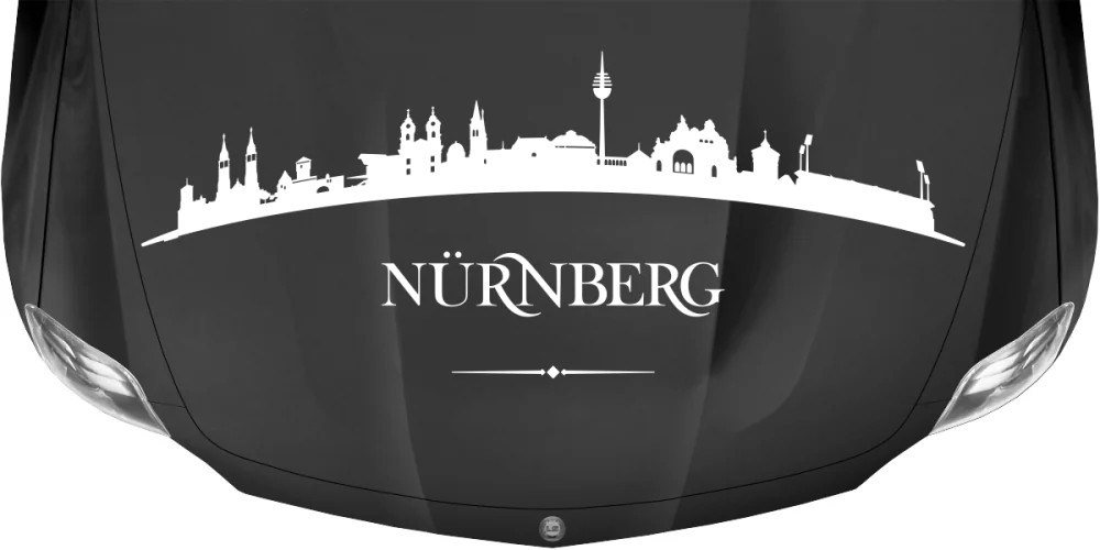 Autoaufkleber mit der Skyline von Nürnberg auf dunkler Motorhaube - Ansicht Farbauswahl Autoaufkleber mit der Skyline von Nürnberg auf dunkler Motorhaube - Ansicht Farbauswahl