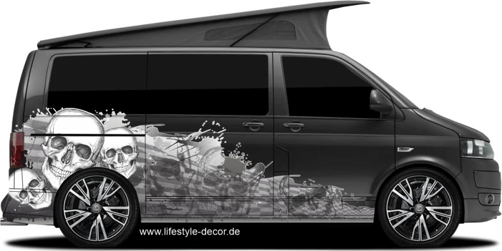 Autoaufkleber Totenköpfe Kleckse auf dunklem Van in Wunschfarbe