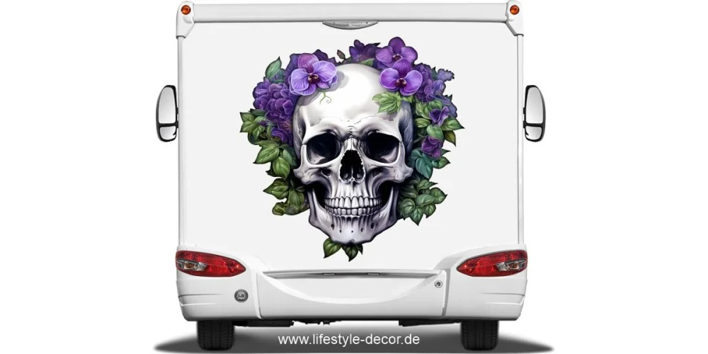Autoaufkleber Totenkopf mit Blumenranken auf Wohnmobil Heck