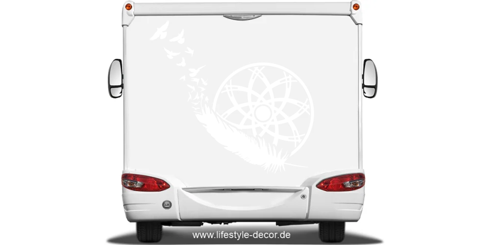 Autodekor mit Traumfänger und Feder auf Heck von Wohnmobil oder Wohnwagen - Ansicht Farbauswahl