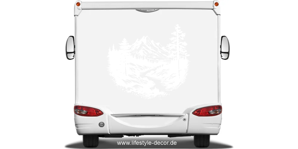Autoaufkleber Wildbach in den Alpen auf Heck von hellem Reisemobil - Ansicht Farbauswahl