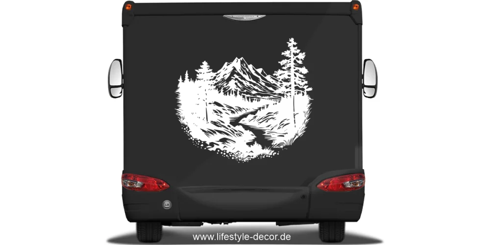 Autoaufkleber Wildbach in den Alpen auf Heck von dunklem Reisemobil - Ansicht Farbauswahl