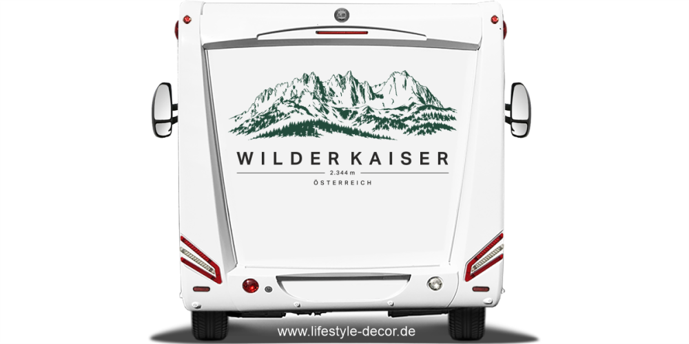 Autoaufkleber Wilder Kaiser auf Heck von Wohnwagen oder Wohnmobil