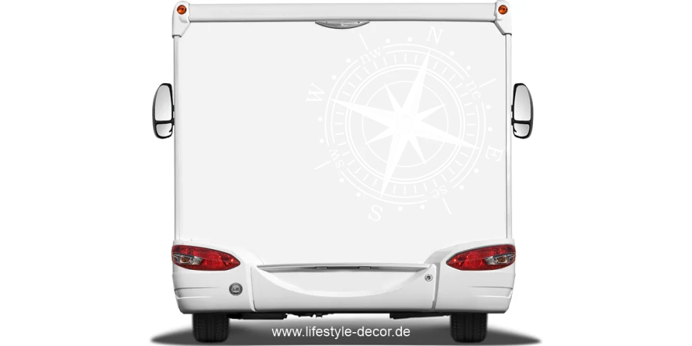Autoaufkleber Windrose auf Heck von Wohnmobil oder Wohnwagen - Ansicht Farbauswahl Autoaufkleber Windrose auf Heck von Wohnmobil oder Wohnwagen - Ansicht Farbauswahl