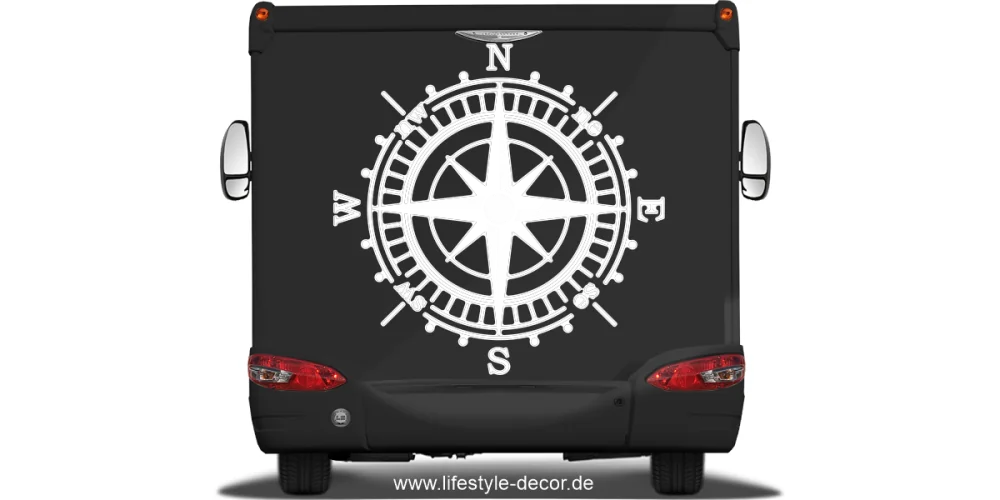 Autoaufkleber Windrose auf Heck von Wohnmobil oder Wohnwagen - Ansicht Farbauswahl Autoaufkleber Windrose auf Heck von Wohnmobil oder Wohnwagen - Ansicht Farbauswahl