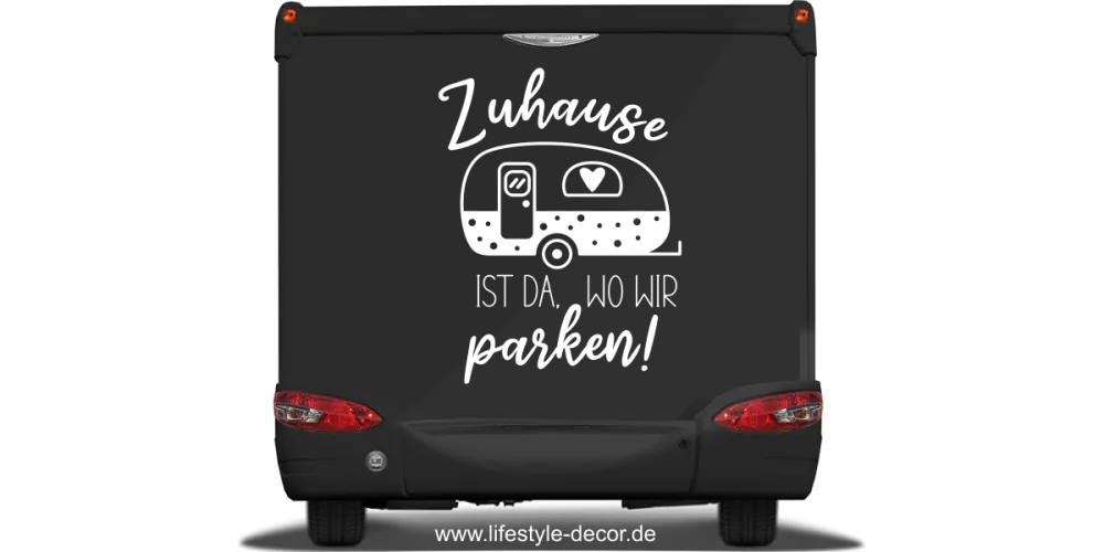 Autoaufkleber Zuhause ist auf dunklem Heck eines Wohnmobils - Ansicht Farbauswahl Autoaufkleber Zuhause ist auf dunklem Heck eines Wohnmobils - Ansicht Farbauswahl