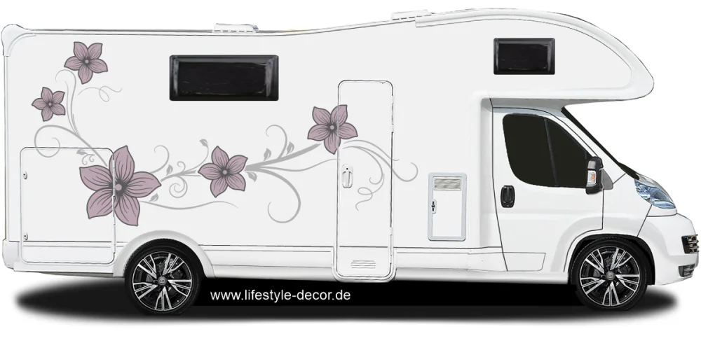 Bunter Aufkleber Blumenranke auf hellem Wohnmobil Bunter Aufkleber Blumenranke auf hellem Wohnmobil