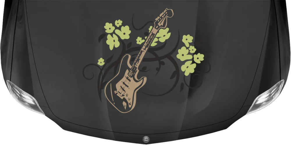 Bunter-Autoaufkleber-Rock-Love-Gitarre auf dunkler Motorhaube Bunter-Autoaufkleber-Rock-Love-Gitarre auf dunkler Motorhaube
