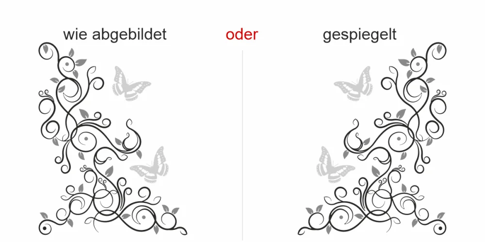 buntes Wandtattoo mit Blätterornament und Schmetterlingen - Ansicht Ausrichtung buntes Wandtattoo mit Blätterornament und Schmetterlingen - Ansicht Ausrichtung