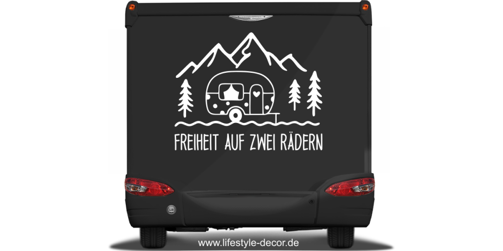 Caravandekor Freiheit auf zwei Rädern auf dunklem Heck - Ansicht Farbauswahl Caravandekor Freiheit auf zwei Rädern auf dunklem Heck - Ansicht Farbauswahl