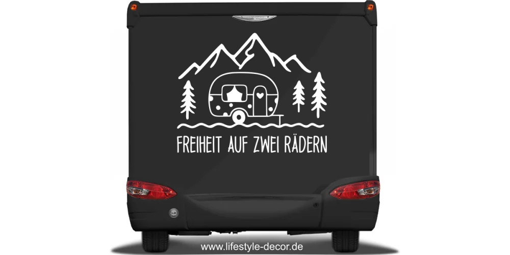 Caravandekor Freiheit auf zwei Rädern auf dunklem Heck - Ansicht Farbauswahl Caravandekor Freiheit auf zwei Rädern auf dunklem Heck - Ansicht Farbauswahl