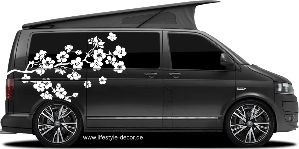 Autodecor Kirschblüte auf dunklem Camper - Ansicht Farbauswahl