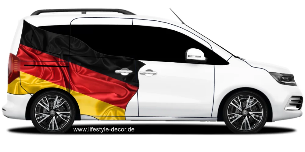 Autoaufkleber Deutschland Fahne Seitenansicht auf hellem Van