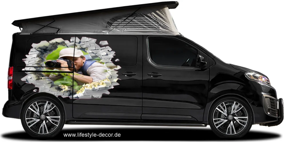 Eigenes Foto als Eigenes Foto als Autofolie Loch in der Wand auf dunklem Campervan Eigenes Foto als Eigenes Foto als Autofolie Loch in der Wand auf dunklem Campervan