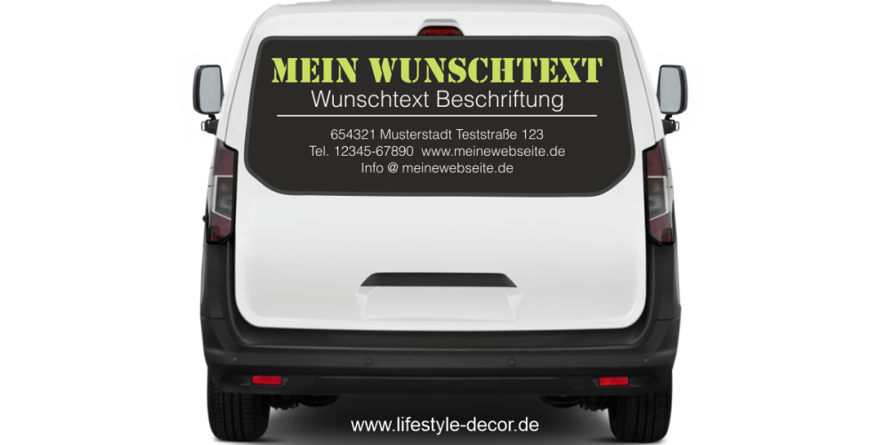 Fahrzeugbeschriftung Adressblock | 15a auf Heck von Transporter