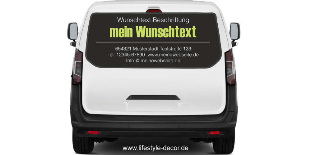 Fahrzeugbeschriftung Adressblock | 28a auf Heck von Transporter