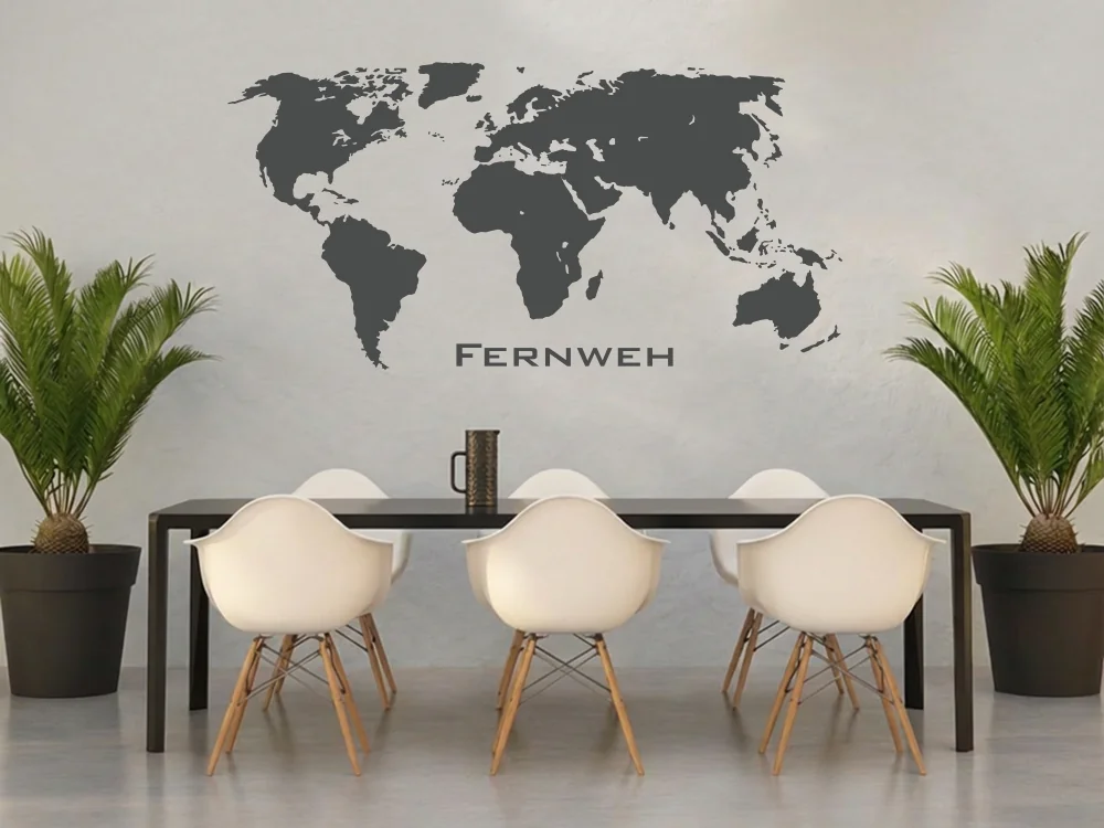 Fassaden- und Außenwandaufkleber mit Weltkarte und dem Wort Fernweh