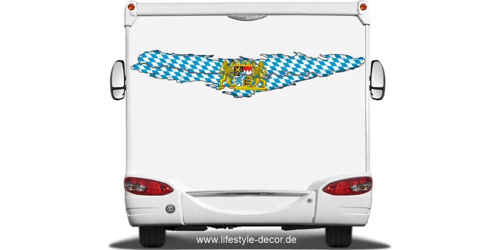 Flagge Bayern als Autoaufkleber auf dem Heck von Wohnmobil oder Wohnwagen