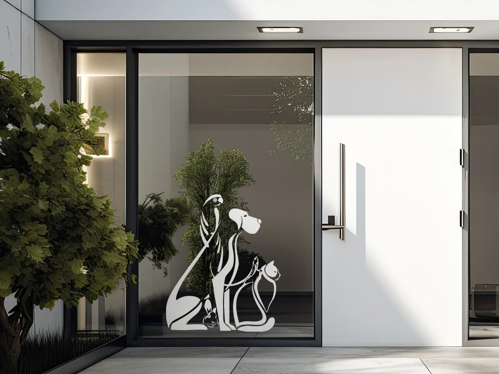 Glasaufkleber einre Tierfamilie mit Hund, Katze, Hase, Papagei und Echse