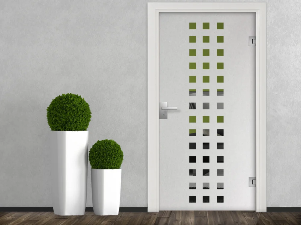 Glasbanner Quadrate als Sichtschutz auf Glastür