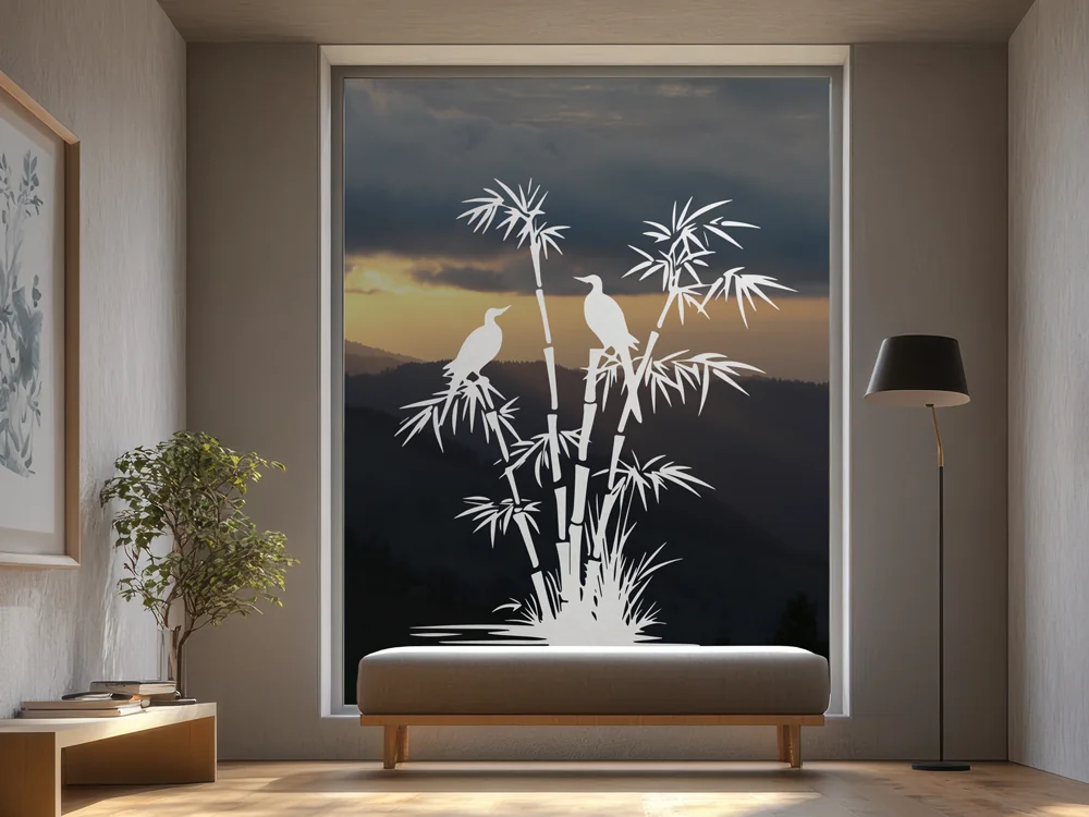 Glastattoo Bambus und Vögel am Seeufer