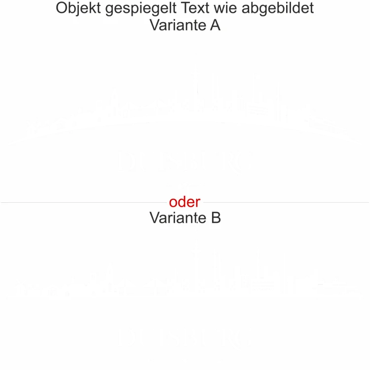Konturgeschnittene Milchglasfolie mit Silhouette von Duisburg - Ansicht Ausrichtung mit Farbauswahl und Variante Konturgeschnittene Milchglasfolie mit Silhouette von Duisburg - Ansicht Ausrichtung mit Farbauswahl und Variante