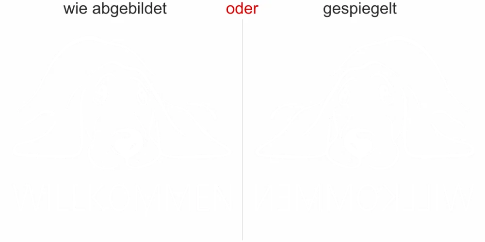 Fenstertattoo Willkommen mit Hund - Ansicht Ausrichtung mit Farbauswahl