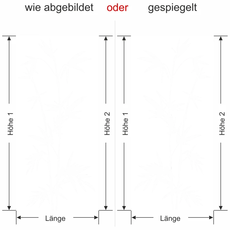 Glastür Milchglasfolie Bambuszweige - Ansicht Ausrichtung mit Farbauswahl und Anleitung zur Größenberechnung - Vorschlag 2