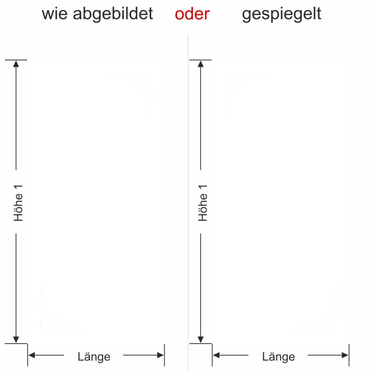 Glastür Milchglasfolie Dekorative Ecken - Ansicht Ausrichtung und Farbauswahl
