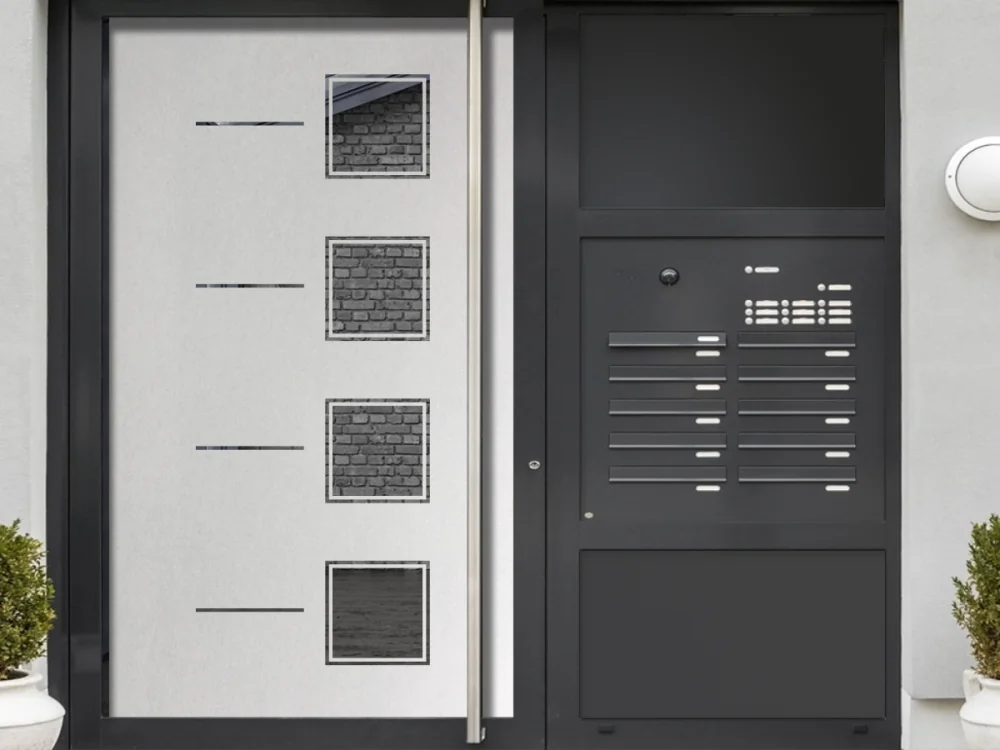 Glastür Milchglasfolie Quadratdesign auf Haustür