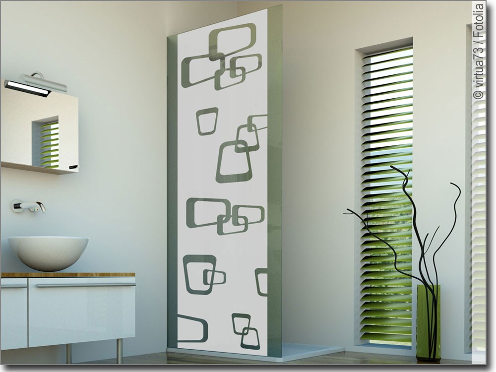 Glastür Milchglasfolie Retrodekor auf Duschwand