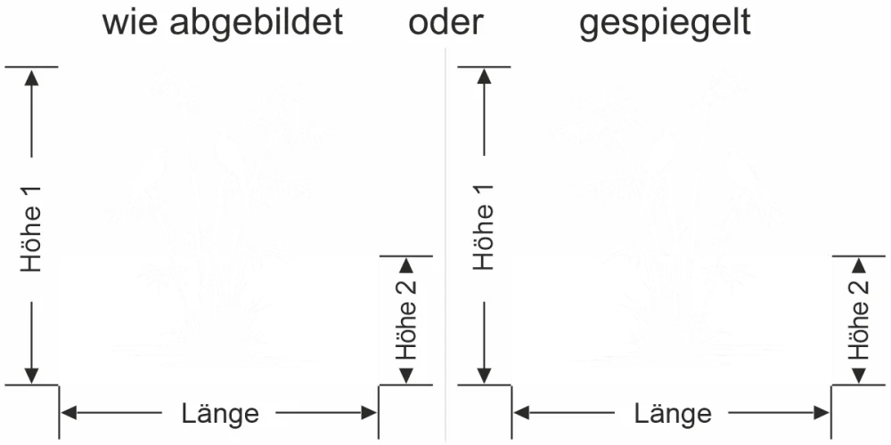 Milchglasfolie Bambus und Vögel am Seeufer - Ansicht Ausrichtung mit Farbauswahl und Anleitung zur Größenberechnung - Vorschlag 1