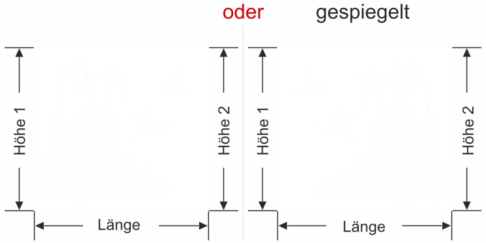 Milchglasfolie Ufergräser und Störche - Ansicht Ausrichtung mit Farbauswahl und Anleitung zur Größenberechnung - Vorschlag 2