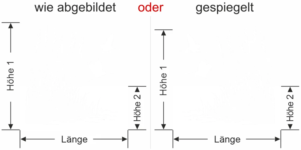 Milchglasfolie Ufergräser und Störche - Ansicht Ausrichtung mit Farbauswahl und Anleitung zur Größenberechnung - Vorschlag 1