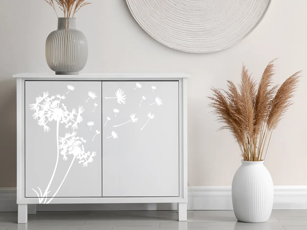 Aufkleber für Möbel mit Pusteblume im Wind - Ansicht Ausrichtung und Farbauswahl