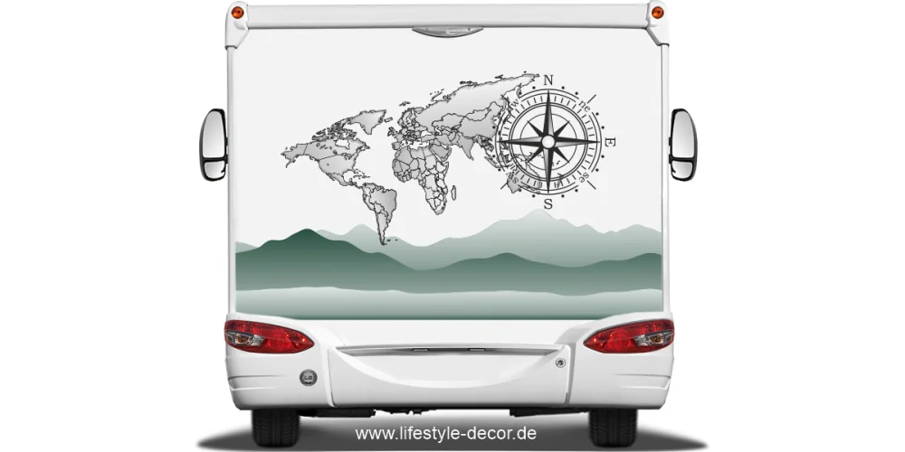Reisemobildekor Weltkarte mit Kompassrose auf hellem Heck