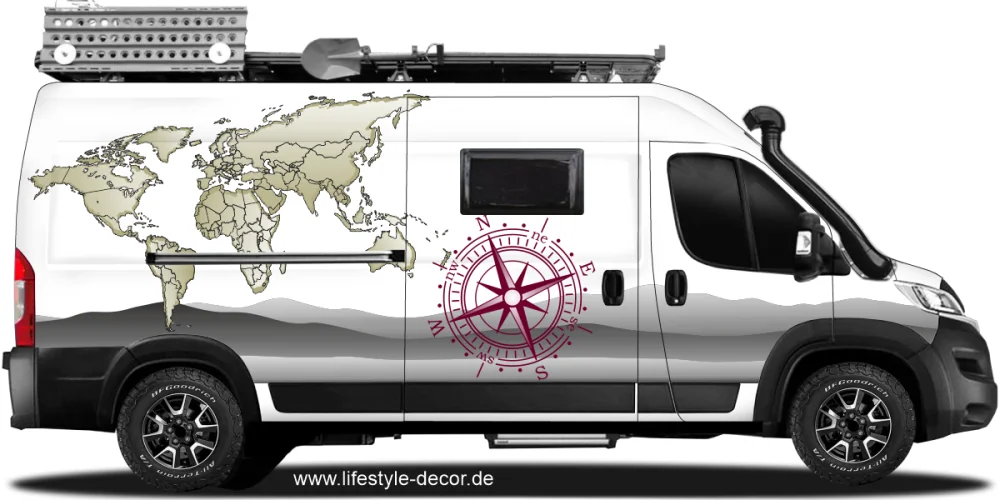 Reisemobildekor Weltkarte mit Kompassrose Reisemobildekor Weltkarte mit Kompassrose