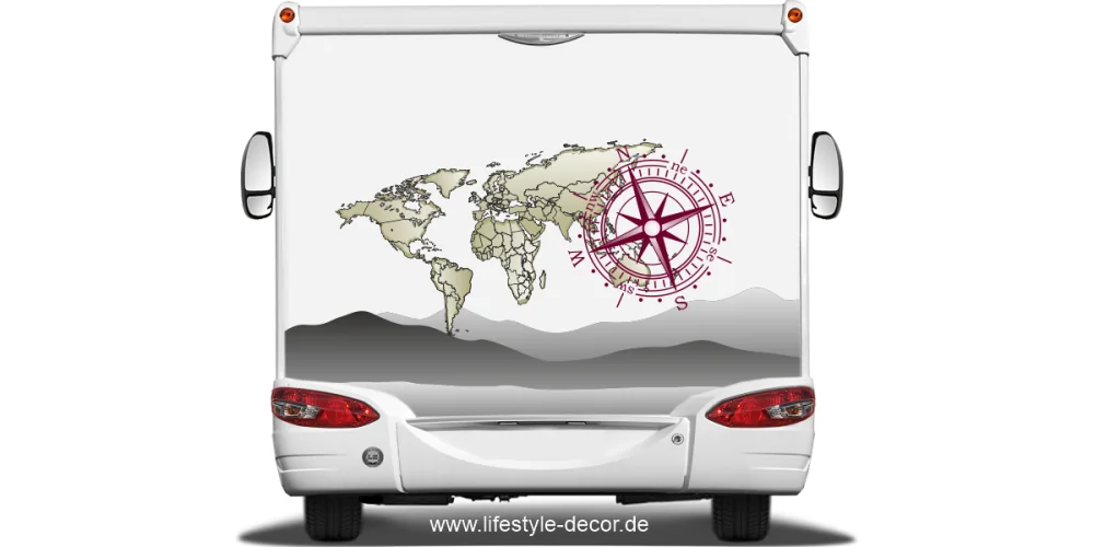 Reisemobildekor Weltkarte mit Kompassrose Reisemobildekor Weltkarte mit Kompassrose
