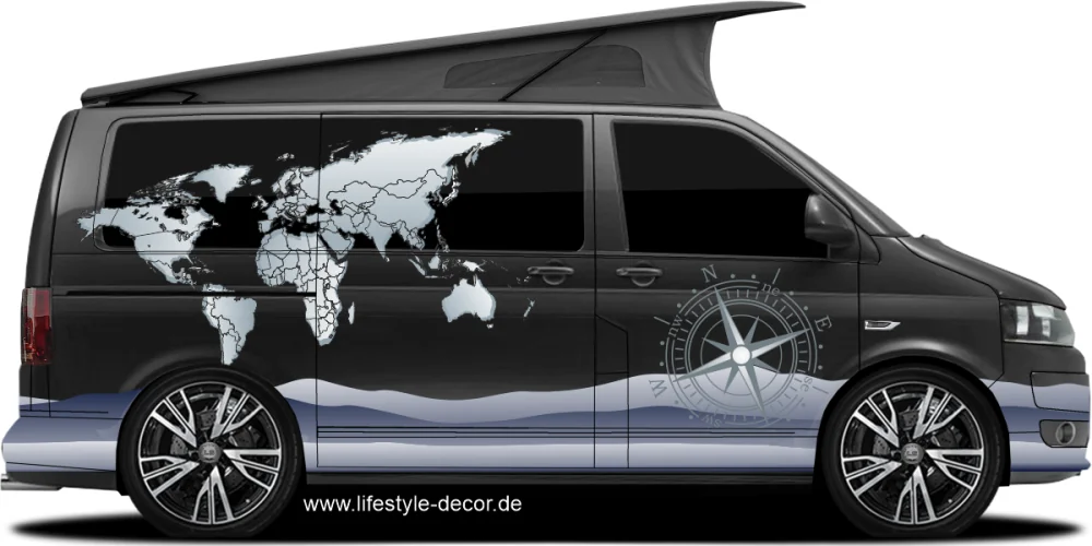 Reisemobildekor Weltkarte mit Kompassrose Reisemobildekor Weltkarte mit Kompassrose