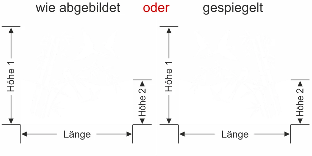 Sichtschutzfolie Bambusrohr mit Vögeln - Ansicht Ausrichtung mit Farbauswahl und Anleitung zur Größenberechnung - Vorschlag 1