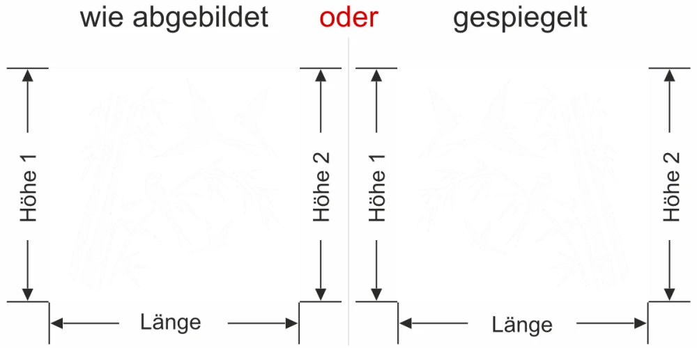 Sichtschutzfolie Bambusrohr mit Vögeln - Ansicht Ausrichtung mit Farbauswahl und Anleitung zur Größenberechnung - Vorschlag 2
